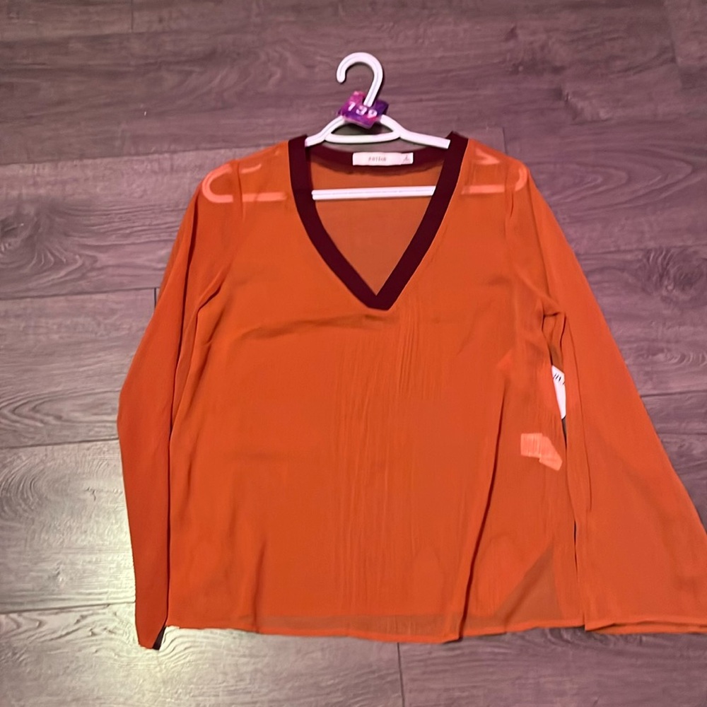 ☀️Small Just Fab orange and burgundy sheer blouse